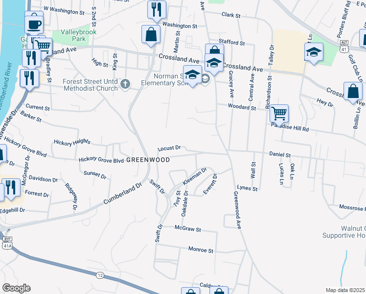 map of restaurants, bars, coffee shops, grocery stores, and more near 898 Locust Drive in Clarksville