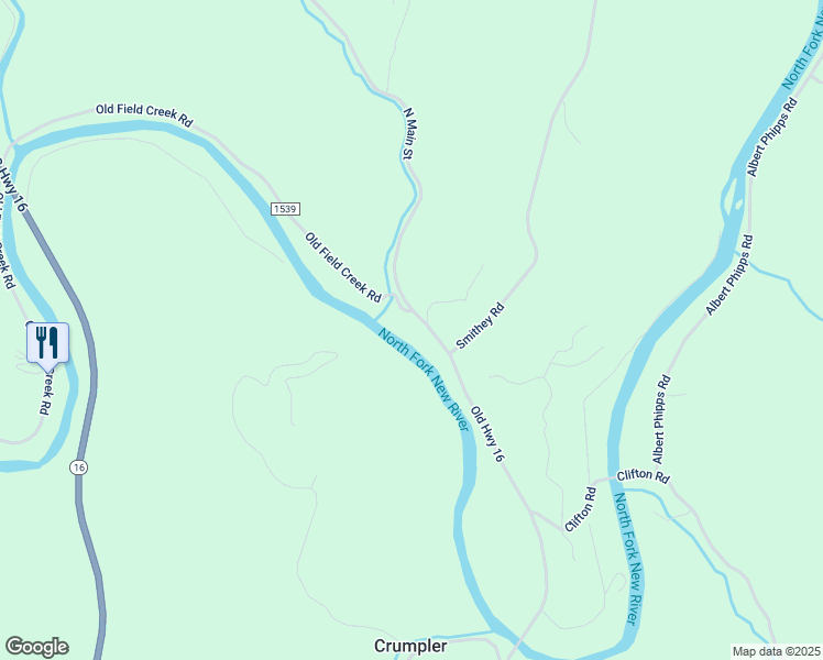 map of restaurants, bars, coffee shops, grocery stores, and more near 121 Old Field Creek Road in Grassy Creek