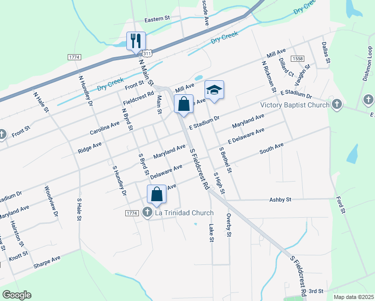 map of restaurants, bars, coffee shops, grocery stores, and more near 123 South Fieldcrest Road in Eden