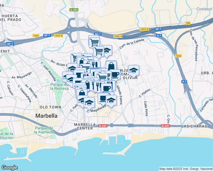 map of restaurants, bars, coffee shops, grocery stores, and more near in Marbella
