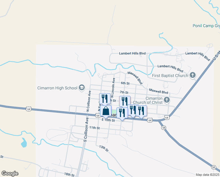 map of restaurants, bars, coffee shops, grocery stores, and more near 301-399 N Lincoln Ave in Cimarron