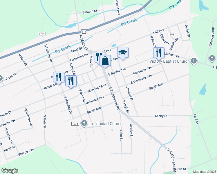 map of restaurants, bars, coffee shops, grocery stores, and more near 123 South Fieldcrest Road in Eden