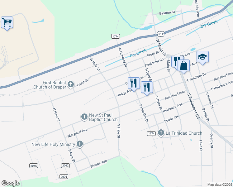map of restaurants, bars, coffee shops, grocery stores, and more near 1214 Carolina Avenue in Eden