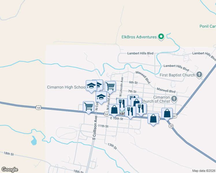map of restaurants, bars, coffee shops, grocery stores, and more near 321 North Euclid Avenue in Cimarron