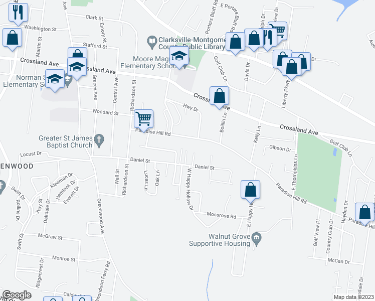 map of restaurants, bars, coffee shops, grocery stores, and more near 1313 Givens Lane in Clarksville