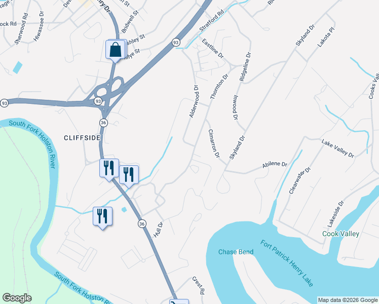 map of restaurants, bars, coffee shops, grocery stores, and more near 3805 Alderwood Drive in Kingsport