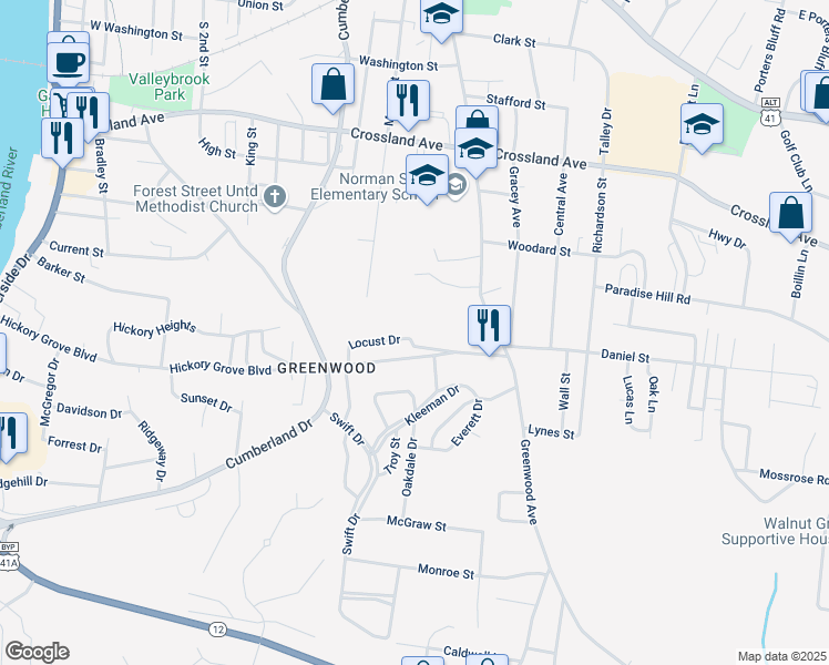 map of restaurants, bars, coffee shops, grocery stores, and more near 898 Locust Drive in Clarksville
