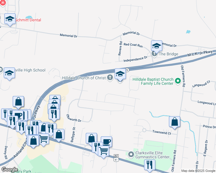 map of restaurants, bars, coffee shops, grocery stores, and more near 501 Tennessee 76 in Clarksville