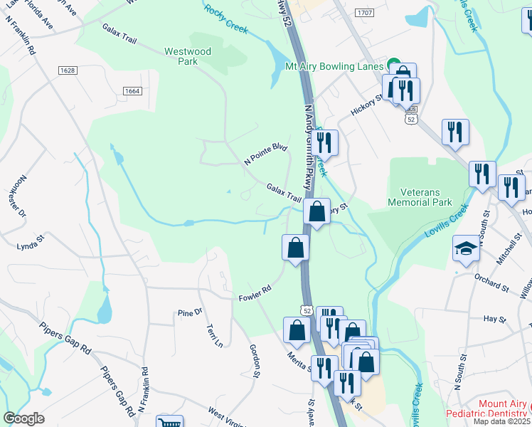 map of restaurants, bars, coffee shops, grocery stores, and more near 754 Woodbriar Trail in Mount Airy