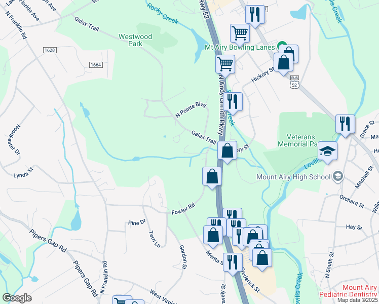 map of restaurants, bars, coffee shops, grocery stores, and more near 754 Woodbriar Trail in Mount Airy