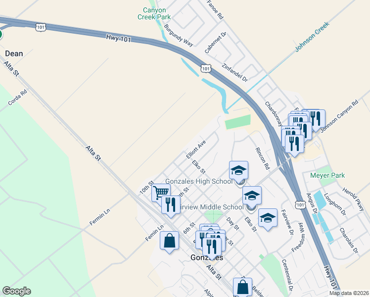 map of restaurants, bars, coffee shops, grocery stores, and more near 970 Elko Street in Gonzales