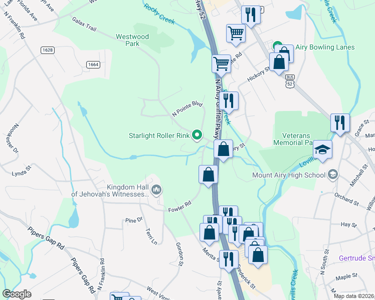 map of restaurants, bars, coffee shops, grocery stores, and more near 754 Woodbriar Trail in Mount Airy