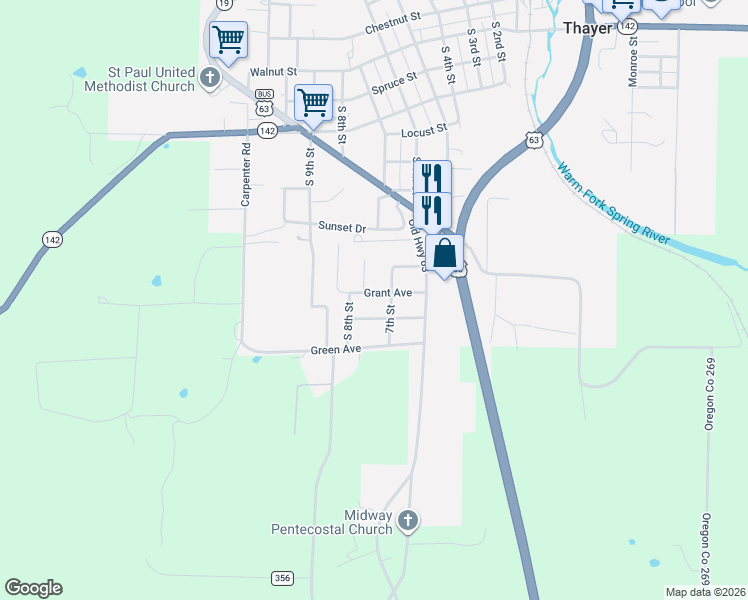 map of restaurants, bars, coffee shops, grocery stores, and more near 1048-1050 Grant Avenue in Thayer