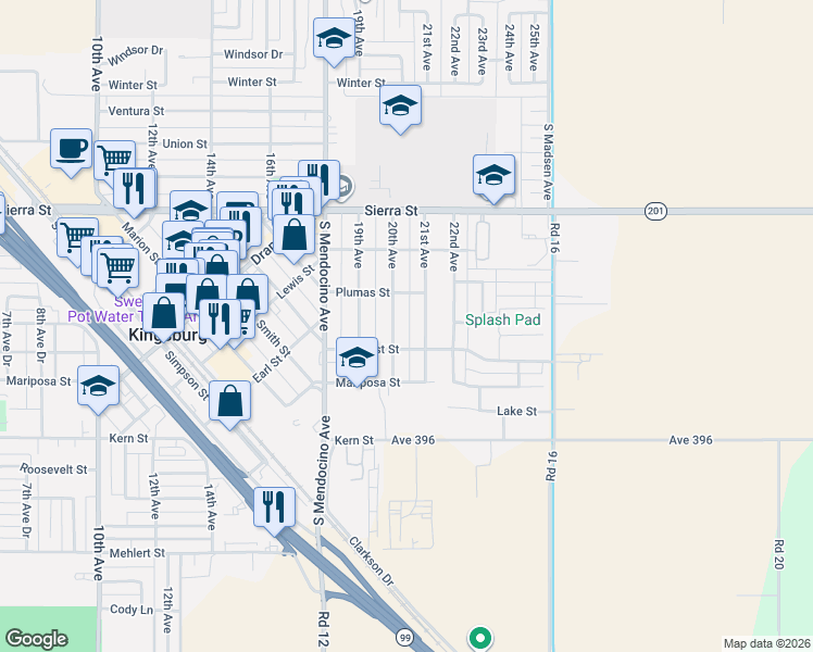 map of restaurants, bars, coffee shops, grocery stores, and more near 1484 20th Avenue in Kingsburg