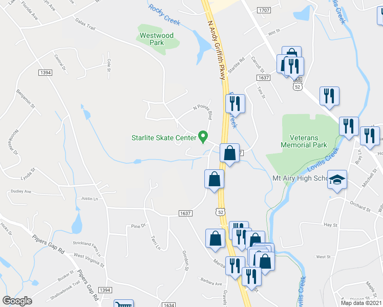 map of restaurants, bars, coffee shops, grocery stores, and more near 754 Woodbriar Trail in Mount Airy