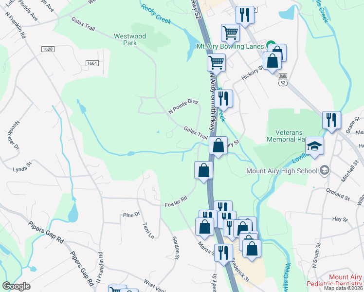 map of restaurants, bars, coffee shops, grocery stores, and more near 754 Woodbriar Trail in Mount Airy