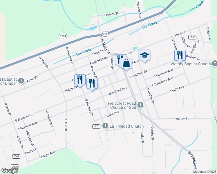 map of restaurants, bars, coffee shops, grocery stores, and more near 1417 East Stadium Drive in Eden