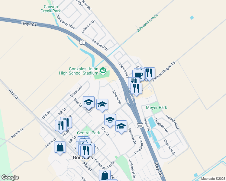 map of restaurants, bars, coffee shops, grocery stores, and more near 644 Rincon Road in Gonzales