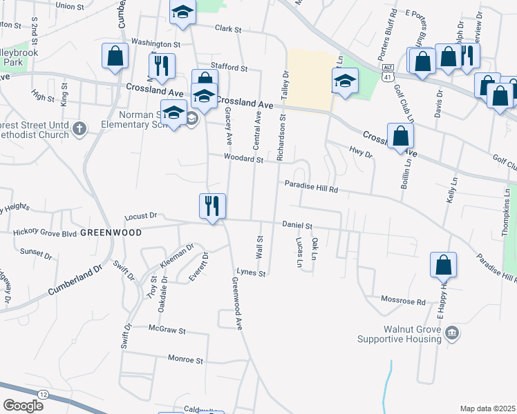 map of restaurants, bars, coffee shops, grocery stores, and more near 859 Central Avenue in Clarksville
