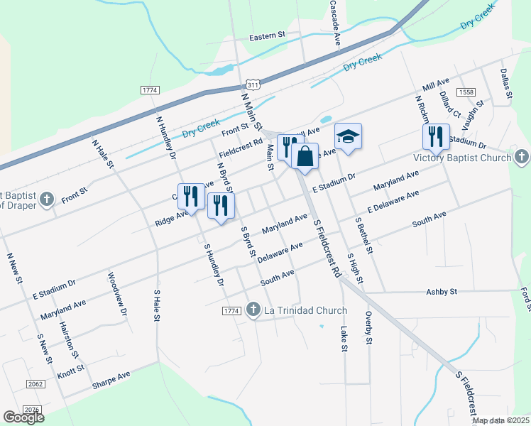 map of restaurants, bars, coffee shops, grocery stores, and more near 1418 East Stadium Drive in Eden