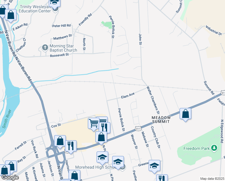 map of restaurants, bars, coffee shops, grocery stores, and more near 419 Pervie Bolick Street in Eden