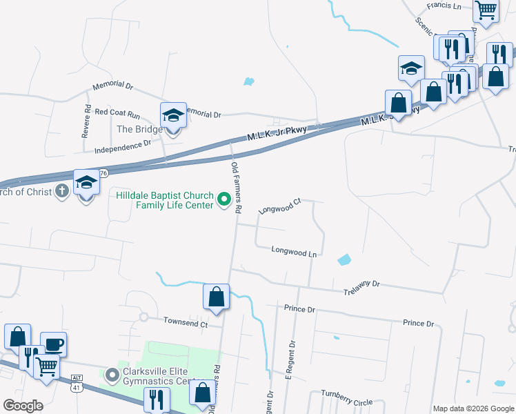 map of restaurants, bars, coffee shops, grocery stores, and more near 304 Longwood Court in Clarksville