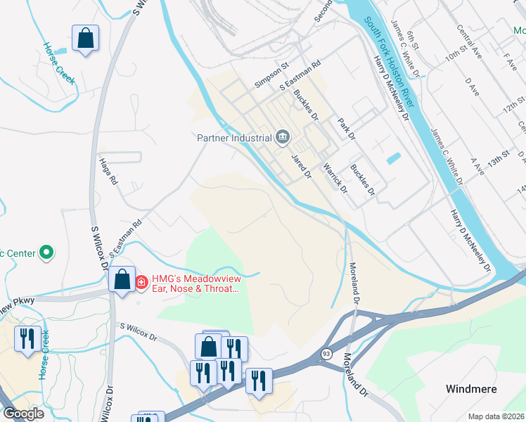 map of restaurants, bars, coffee shops, grocery stores, and more near 2116 McKinney Drive in Kingsport