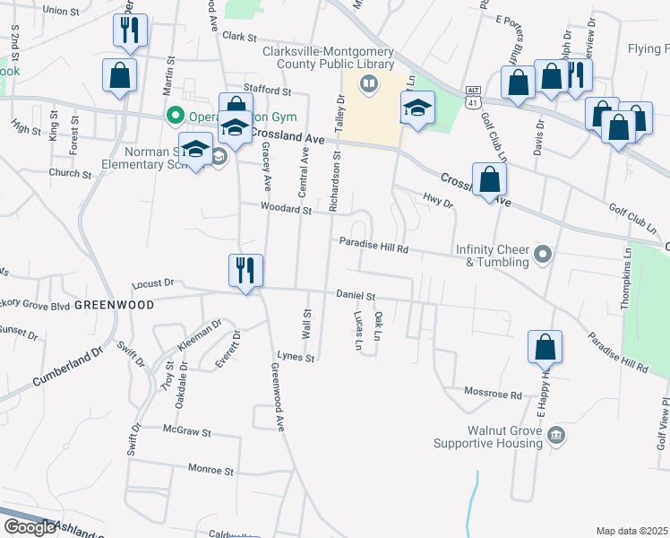 map of restaurants, bars, coffee shops, grocery stores, and more near 839 1/2 Richardson Street in Clarksville