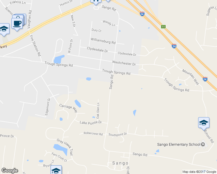 map of restaurants, bars, coffee shops, grocery stores, and more near 410 Sango Road in Clarksville