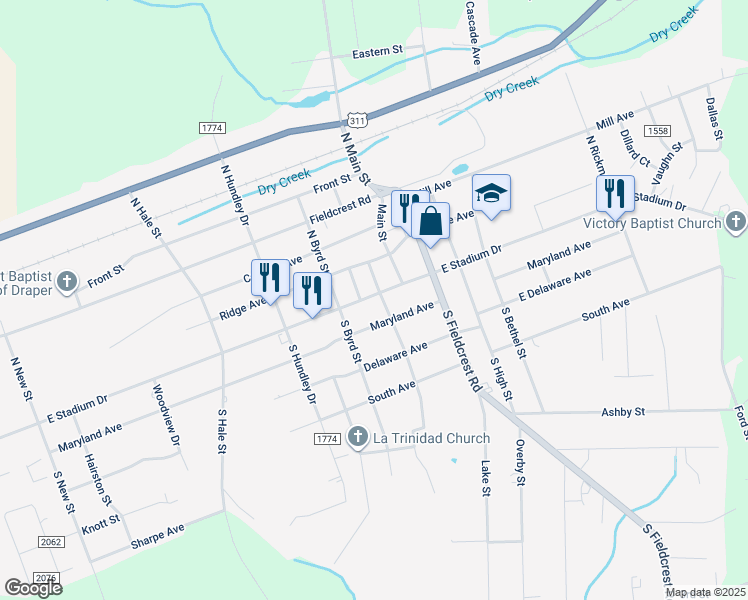 map of restaurants, bars, coffee shops, grocery stores, and more near 1418 East Stadium Drive in Eden