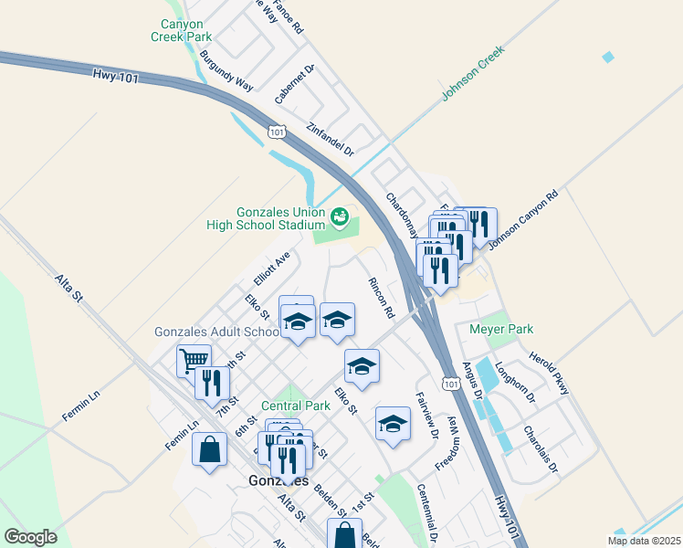 map of restaurants, bars, coffee shops, grocery stores, and more near 508 Del Monte Drive in Gonzales