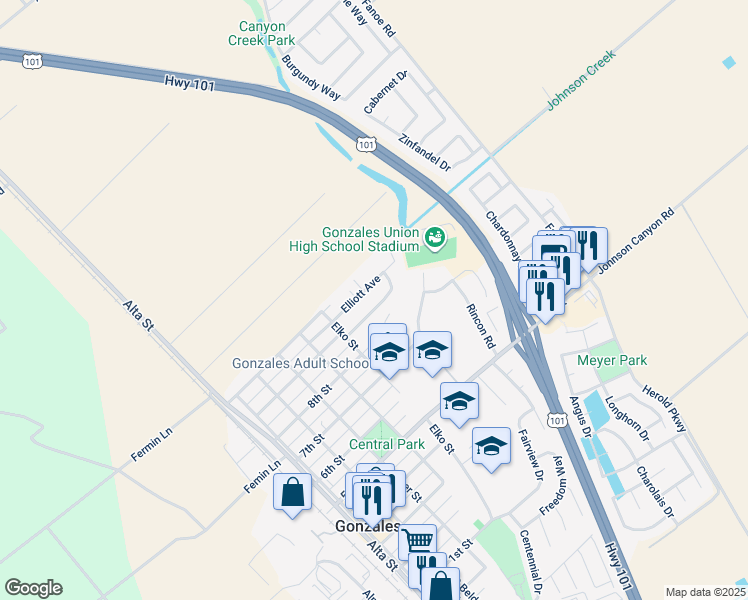 map of restaurants, bars, coffee shops, grocery stores, and more near 473 Brockman Drive in Gonzales