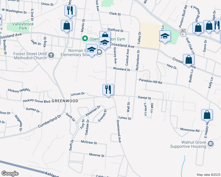 map of restaurants, bars, coffee shops, grocery stores, and more near 867 Greenwood Avenue in Clarksville