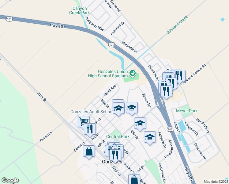 map of restaurants, bars, coffee shops, grocery stores, and more near 473 Brockman Drive in Gonzales
