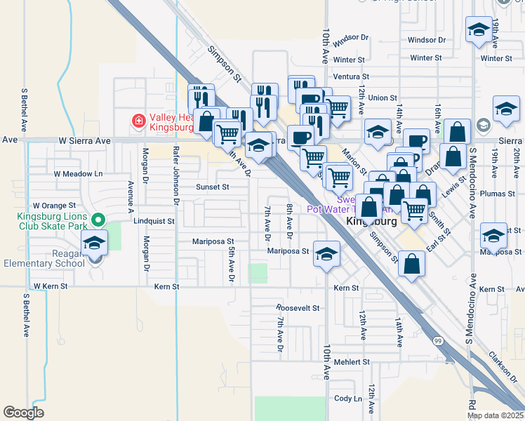 map of restaurants, bars, coffee shops, grocery stores, and more near 651 Orange Street in Kingsburg