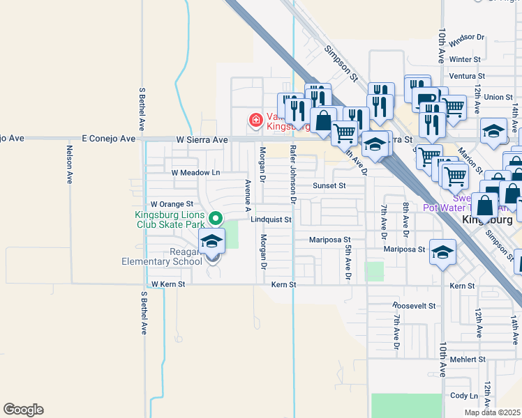 map of restaurants, bars, coffee shops, grocery stores, and more near 106 West Orange Street in Kingsburg