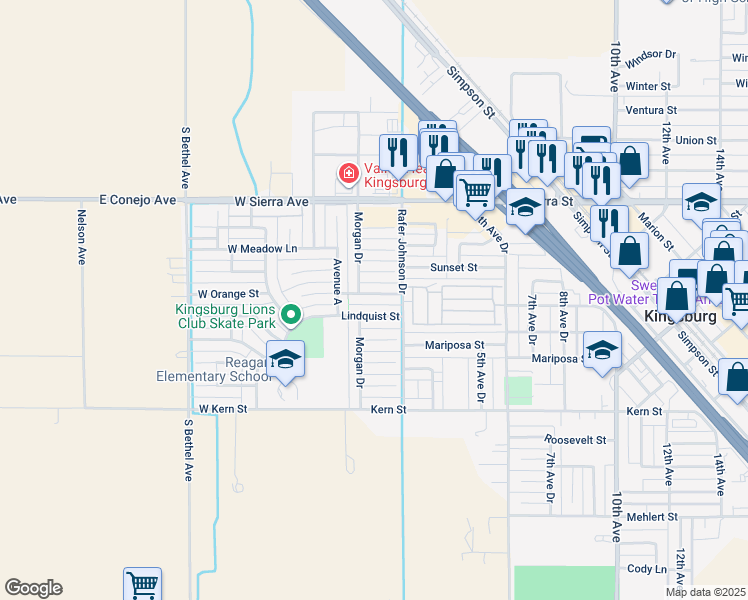 map of restaurants, bars, coffee shops, grocery stores, and more near 106 West Orange Street in Kingsburg