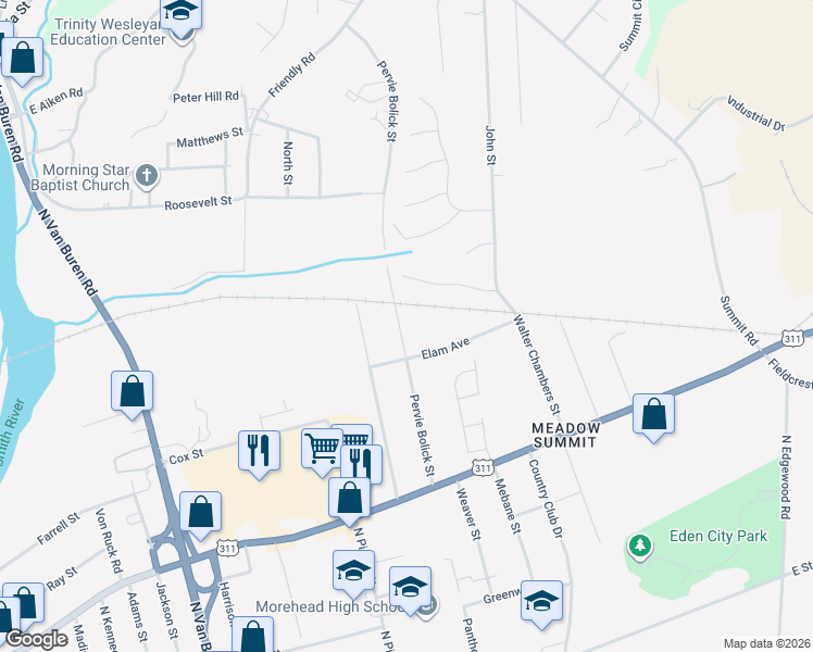 map of restaurants, bars, coffee shops, grocery stores, and more near 410 Pervie Bolick Street in Eden