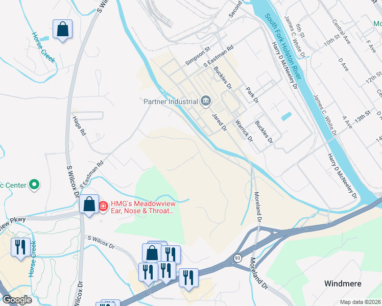 map of restaurants, bars, coffee shops, grocery stores, and more near 2116 McKinney Drive in Kingsport