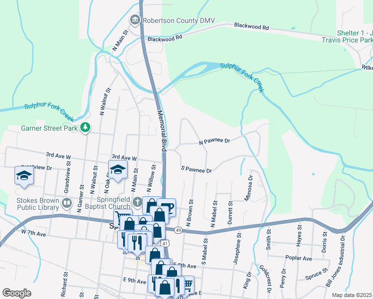 map of restaurants, bars, coffee shops, grocery stores, and more near 403 North Pawnee Drive in Springfield