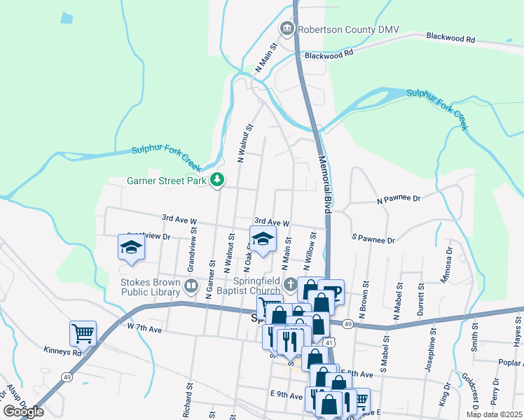map of restaurants, bars, coffee shops, grocery stores, and more near 212 North Oak Street in Springfield