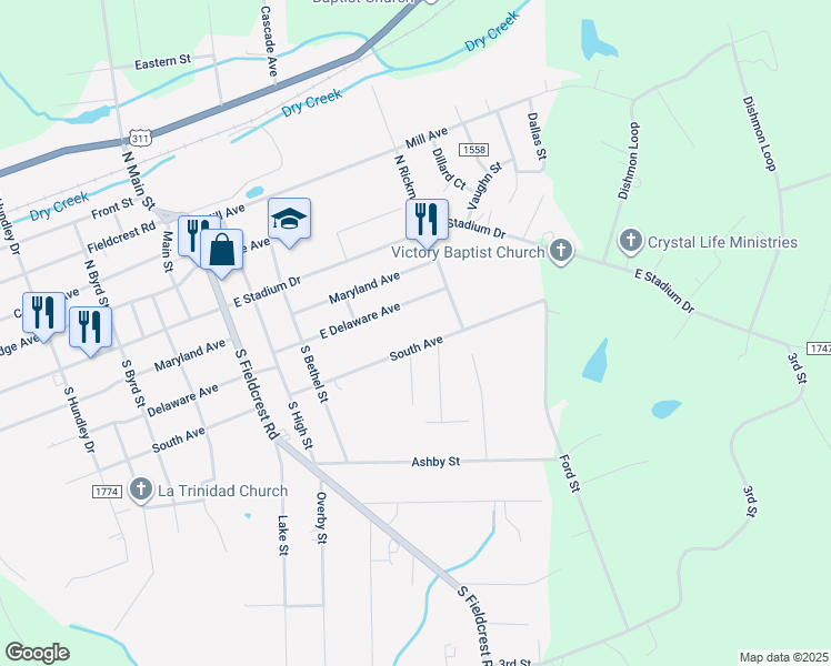 map of restaurants, bars, coffee shops, grocery stores, and more near 1815 South Avenue in Eden