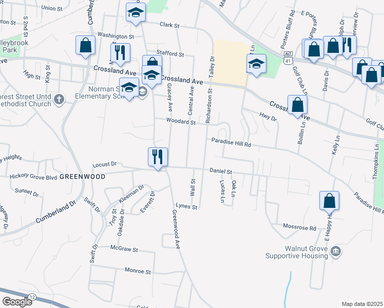 map of restaurants, bars, coffee shops, grocery stores, and more near 859 Central Ave in Clarksville