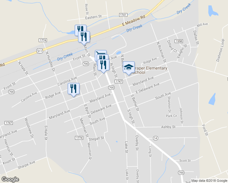 map of restaurants, bars, coffee shops, grocery stores, and more near 116 South Fieldcrest Road in Eden