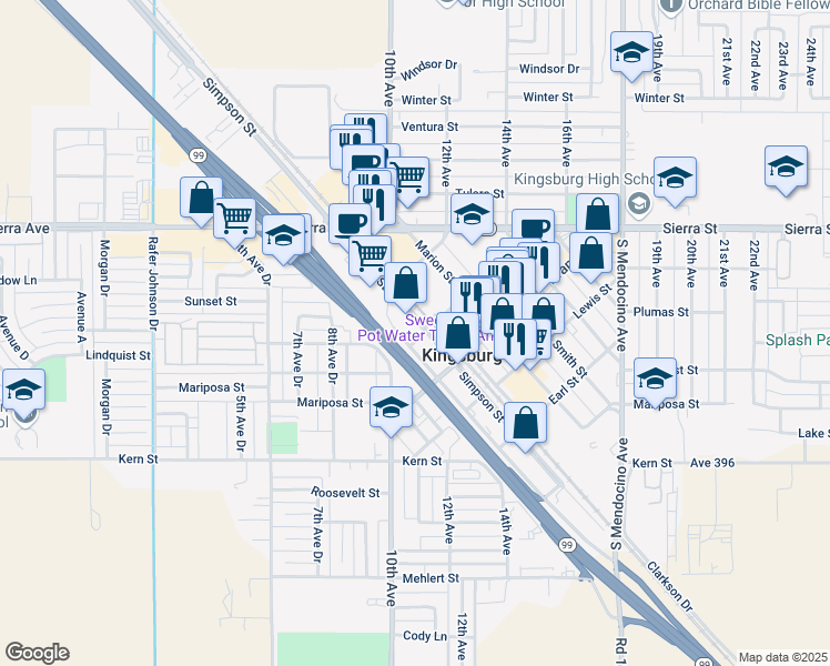 map of restaurants, bars, coffee shops, grocery stores, and more near 1607 Simpson Street in Kingsburg