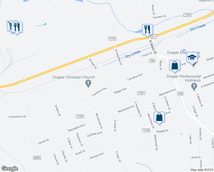 map of restaurants, bars, coffee shops, grocery stores, and more near 1171 Carolina Avenue in Eden