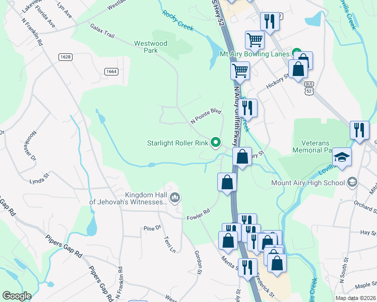 map of restaurants, bars, coffee shops, grocery stores, and more near 867 Willow Hill Circle in Mount Airy