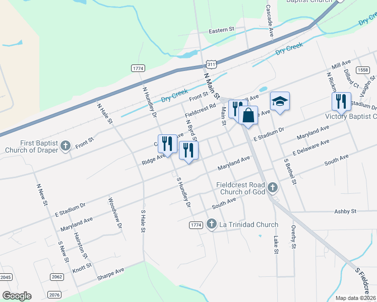 map of restaurants, bars, coffee shops, grocery stores, and more near 1308 Ridge Avenue in Eden