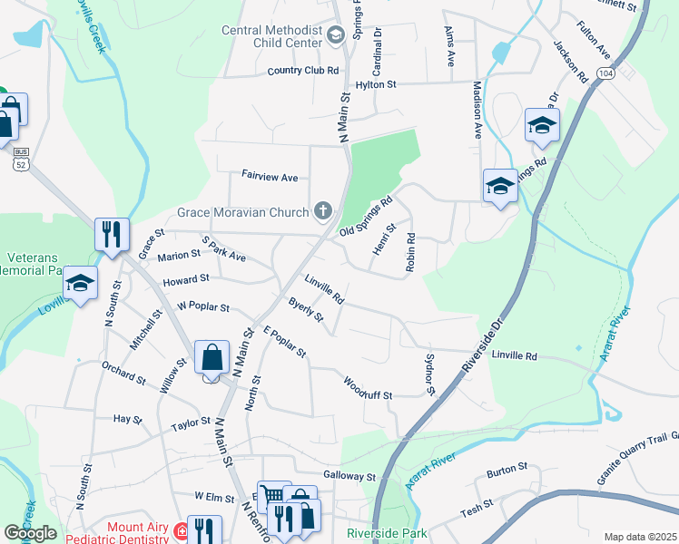 map of restaurants, bars, coffee shops, grocery stores, and more near 214 Robin Road in Mount Airy