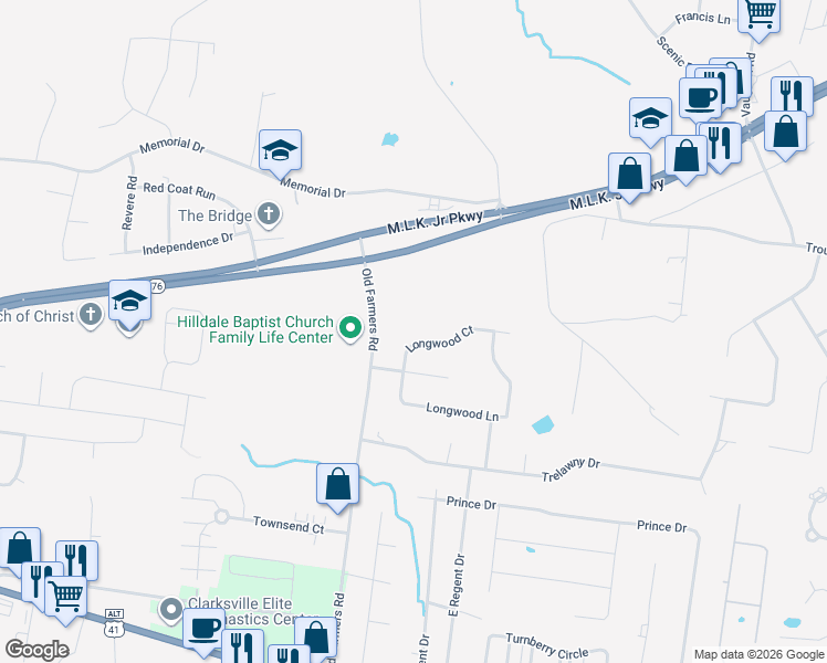 map of restaurants, bars, coffee shops, grocery stores, and more near 304 Longwood Court in Clarksville